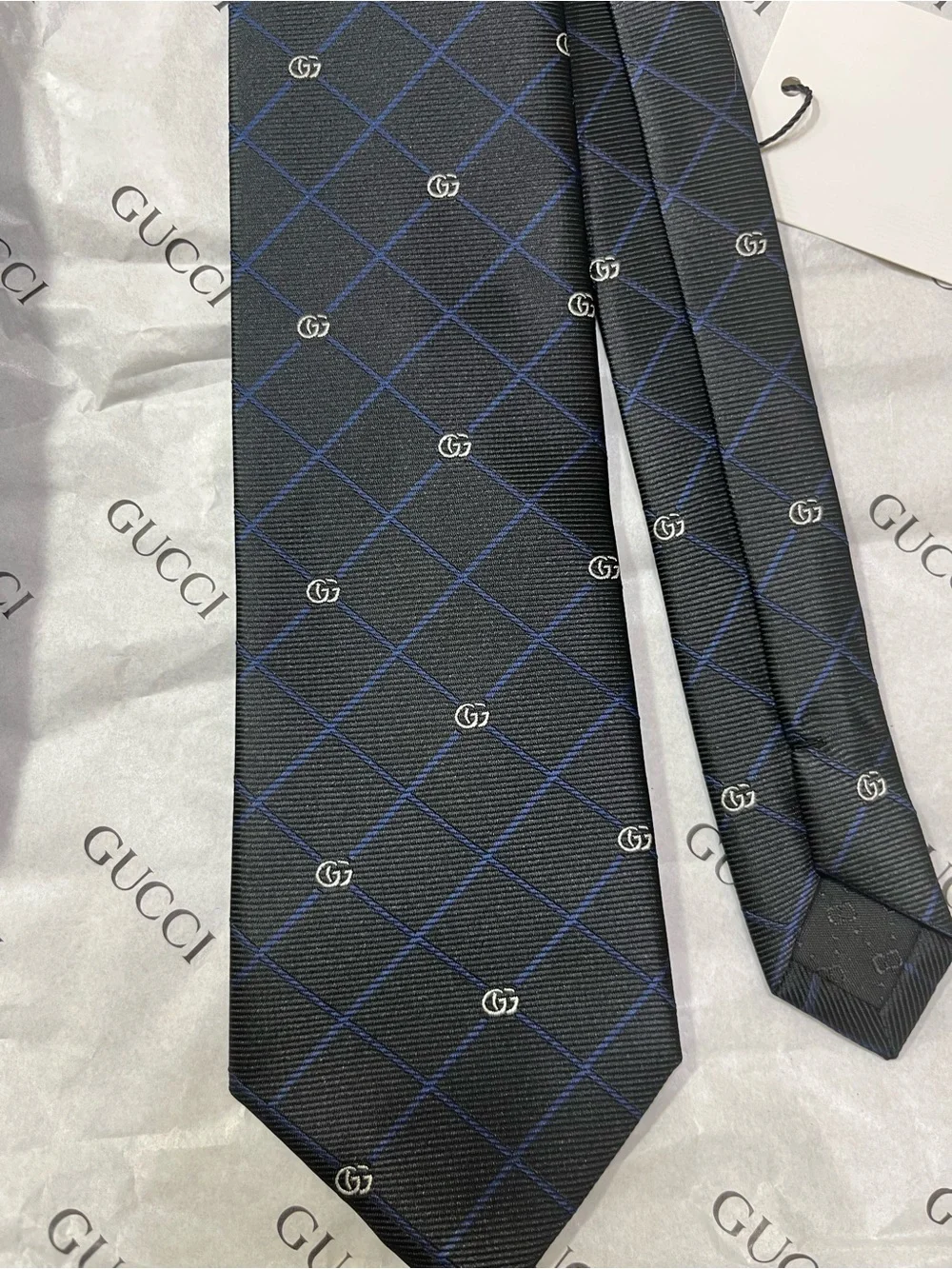 Gucci Black Silk Tie with Navy Windowpane and GG Motif
